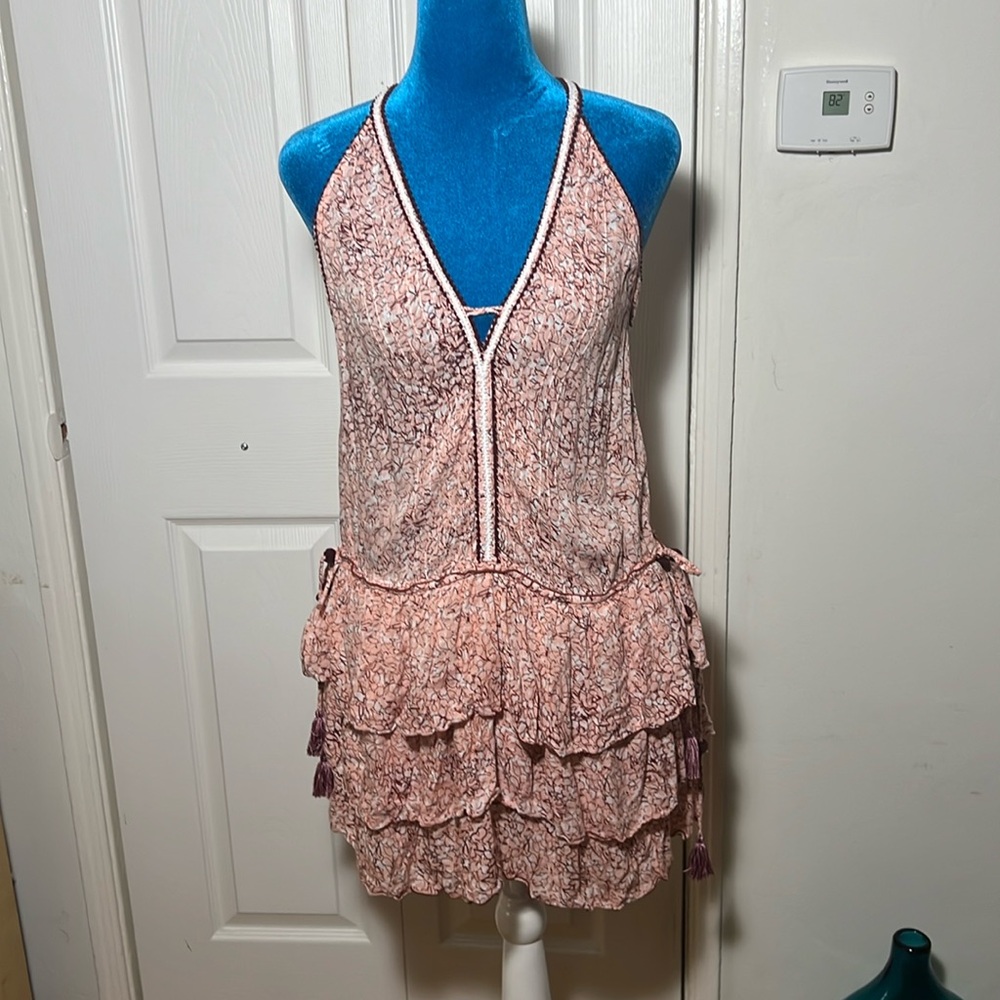 Poupette St Barth Blush Pink Tiered Halter Mini Dress